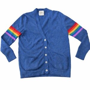 JUMPER 1234 Rainbow Sleeve Cashmere Cardigan Sweater Blue Size S